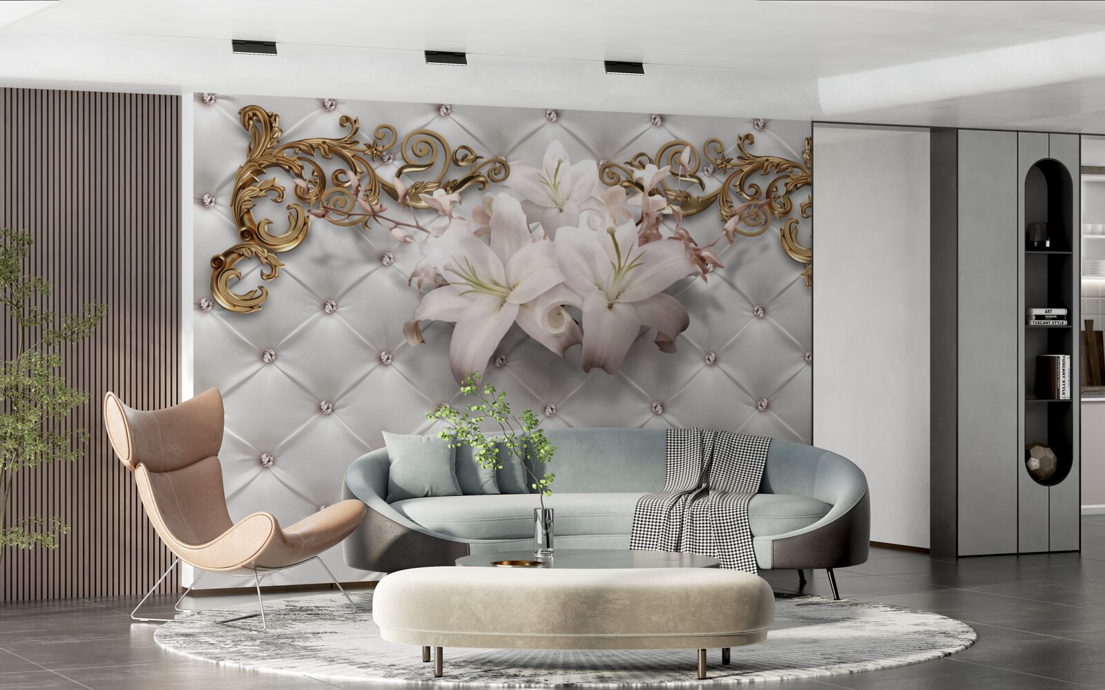 Фотошпалери квіти у відтінках білого, прикрашені кристалами та золотом