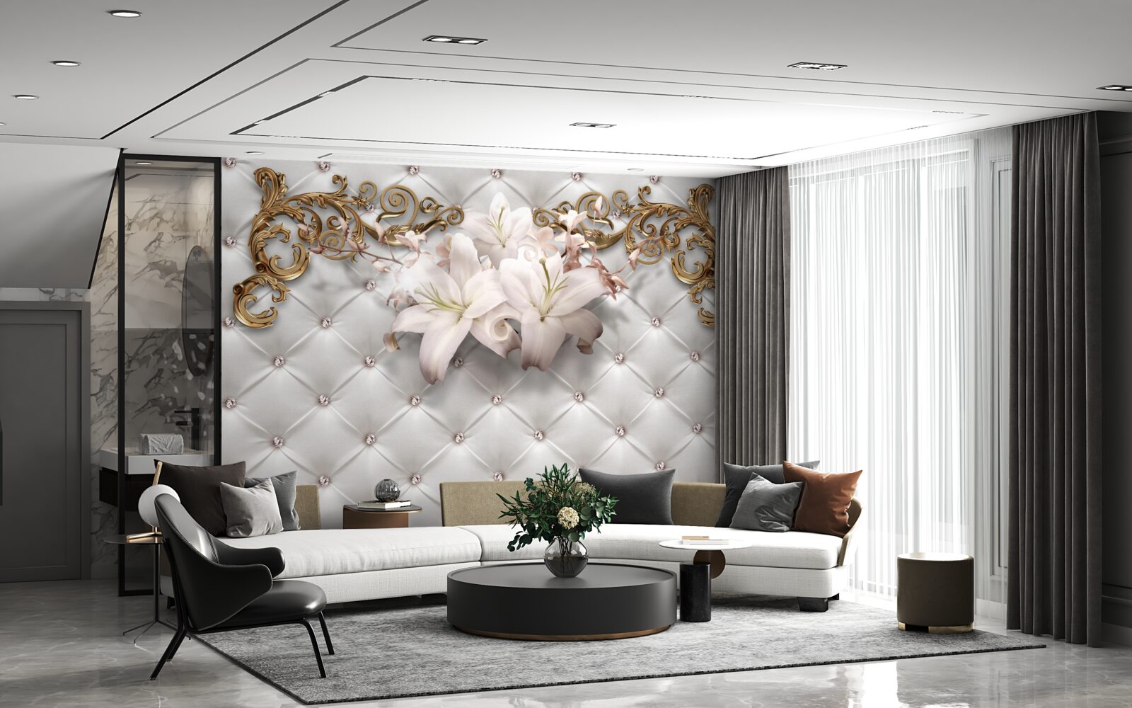 Фотошпалери квіти у відтінках білого, прикрашені кристалами та золотом