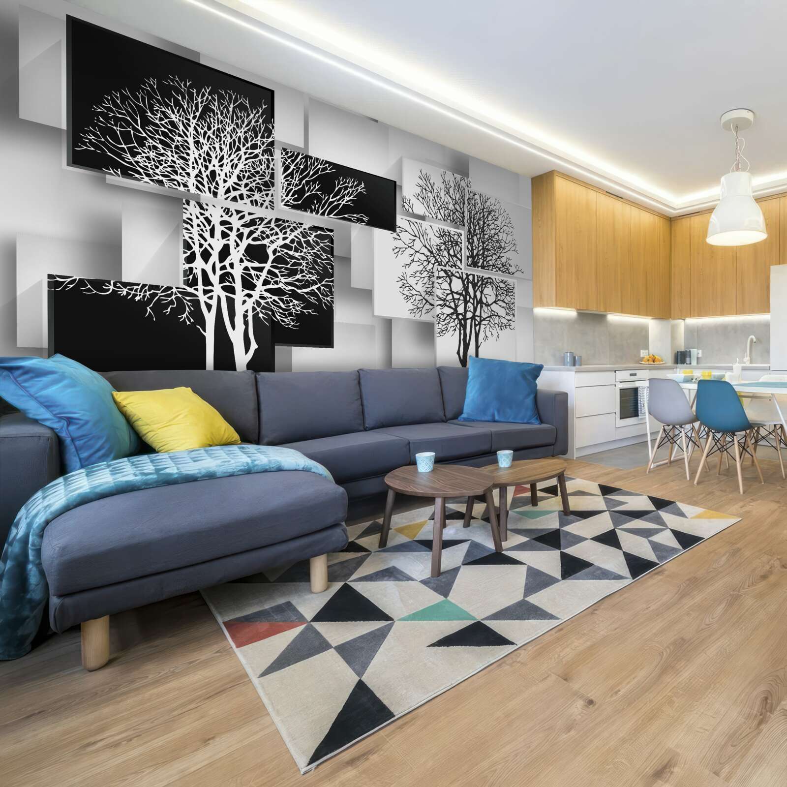 Фотошпалери дерева чорно-білі на тлі прямокутників