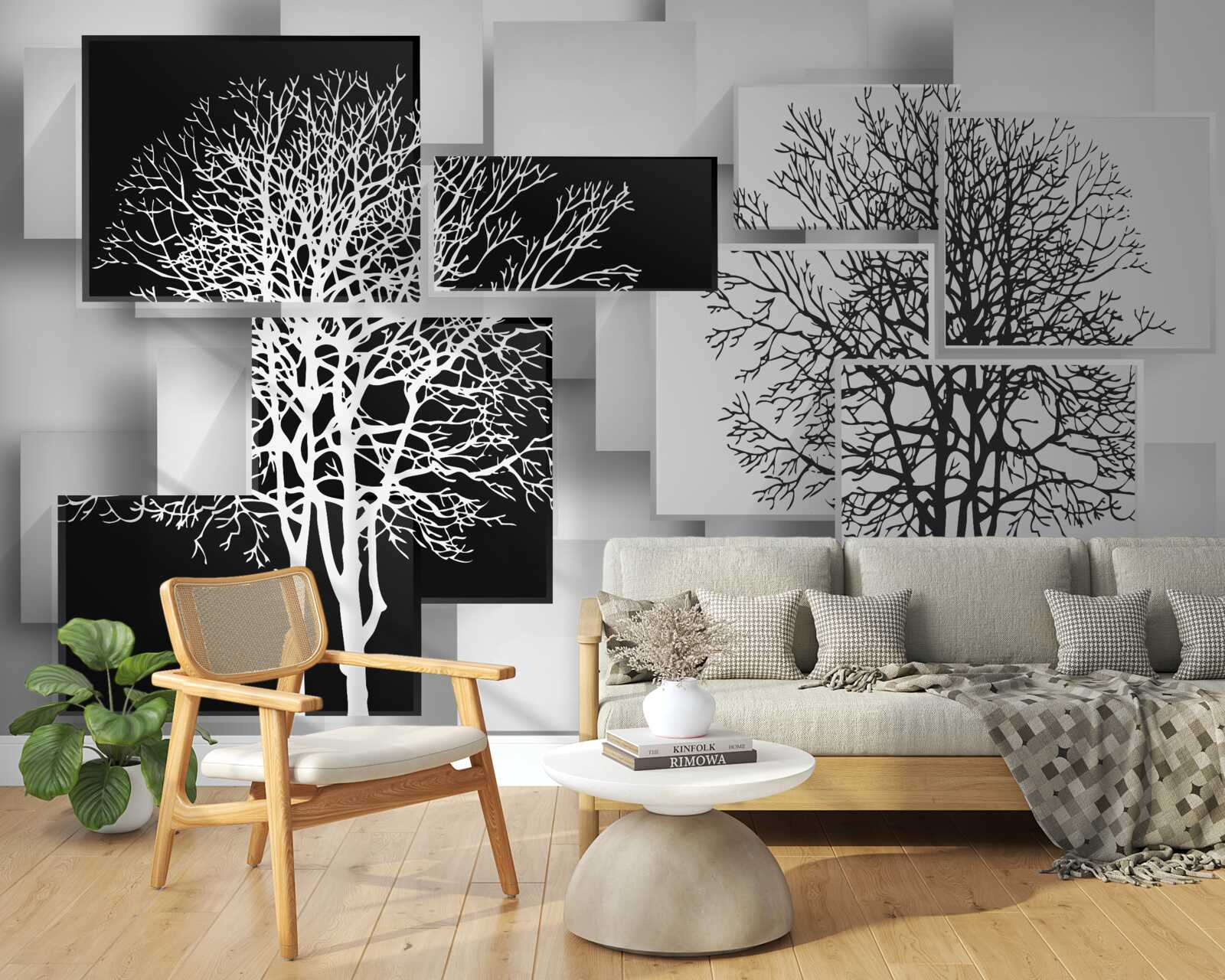 Фотошпалери дерева чорно-білі на тлі прямокутників