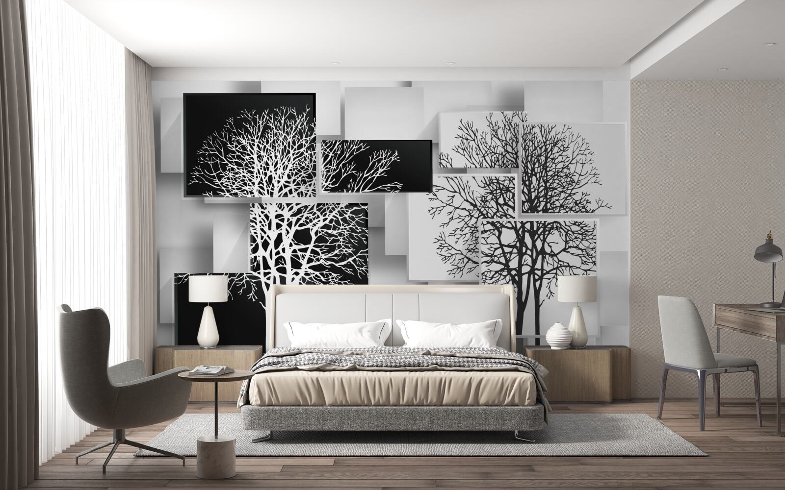 Фотошпалери дерева чорно-білі на тлі прямокутників