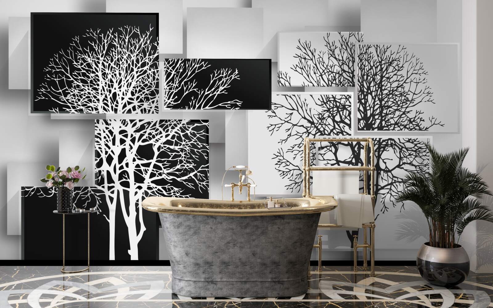 Фотошпалери дерева чорно-білі на тлі прямокутників
