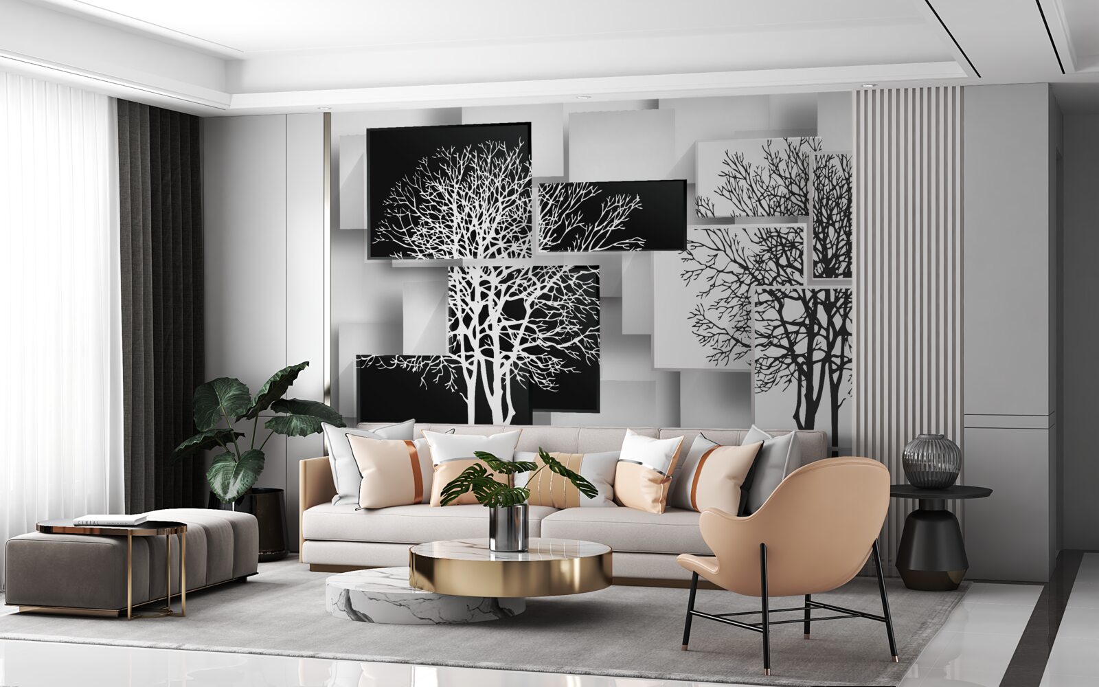 Фотошпалери дерева чорно-білі на тлі прямокутників