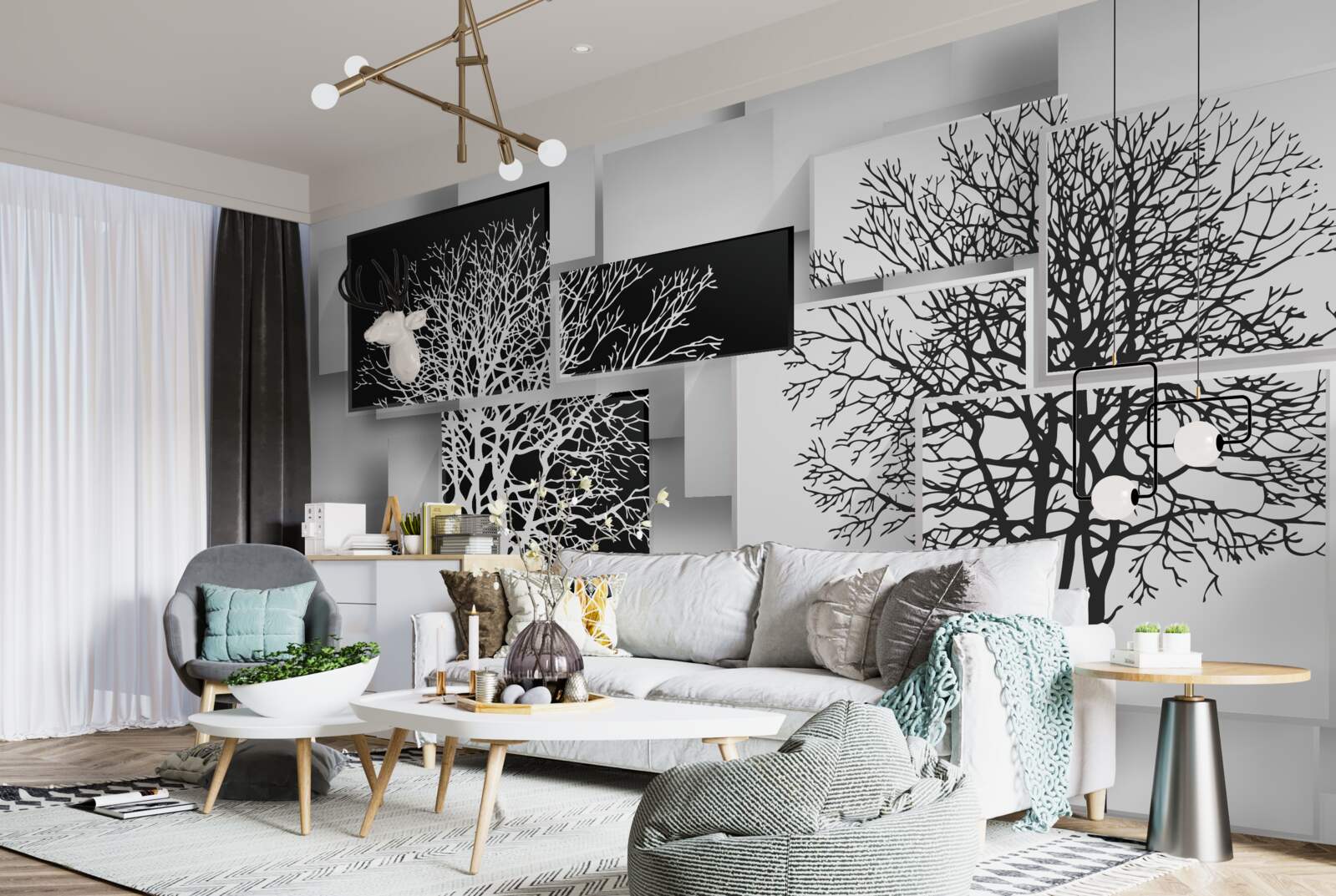 Фотошпалери дерева чорно-білі на тлі прямокутників