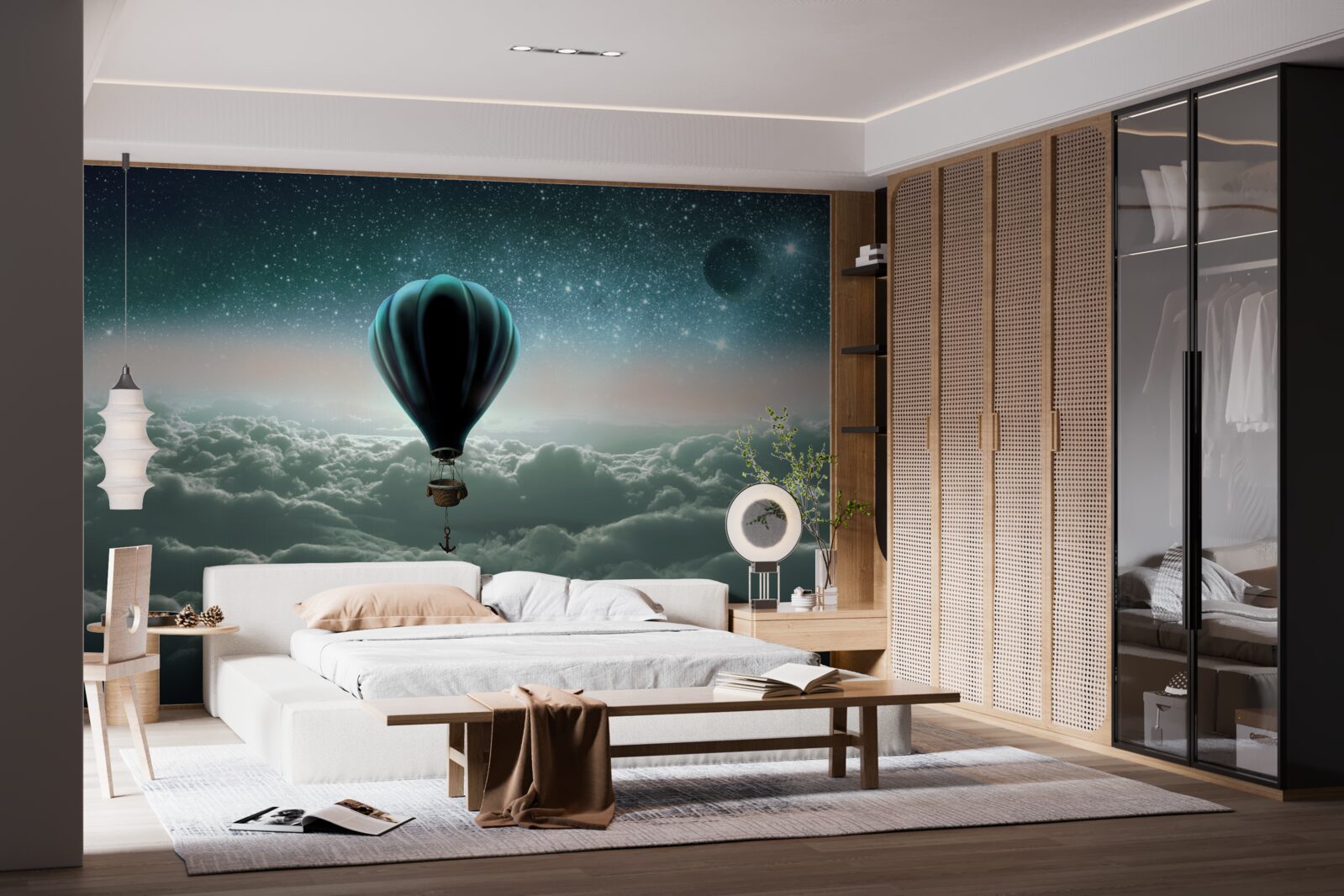 Фотошпалери нічна повітряна куля, що ширяє над хмарами