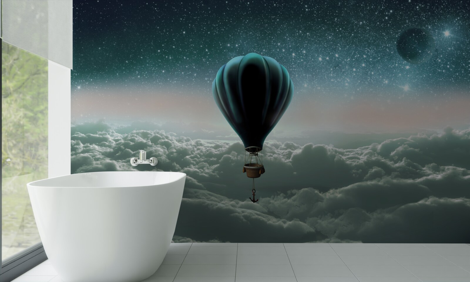 Фотошпалери нічна повітряна куля, що ширяє над хмарами