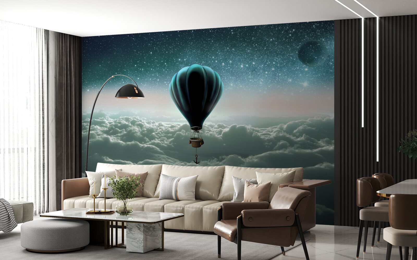 Фотошпалери нічна повітряна куля, що ширяє над хмарами