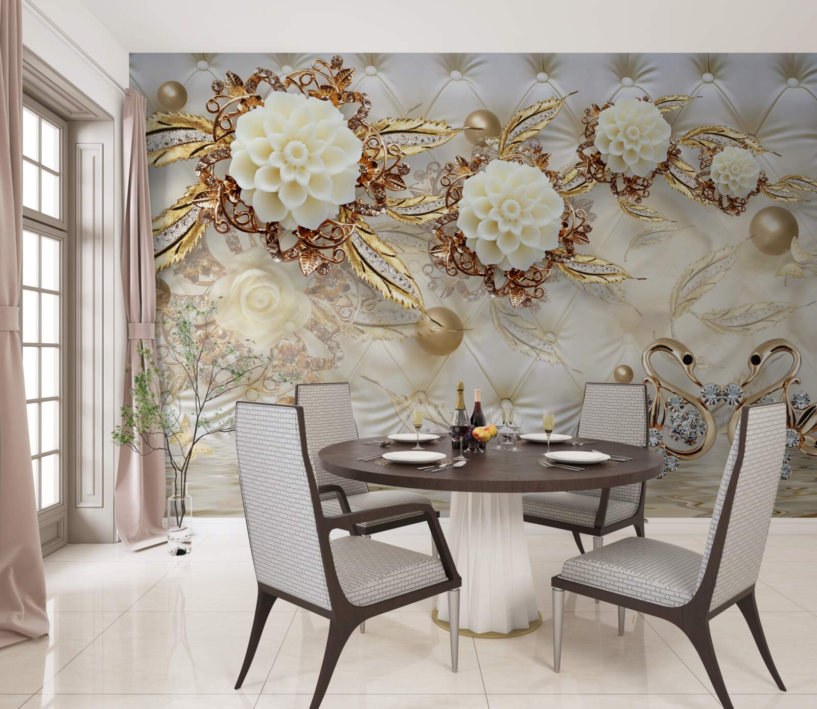 Фотошпалери золоті лебеді та світлі бутони на блискучому золоті