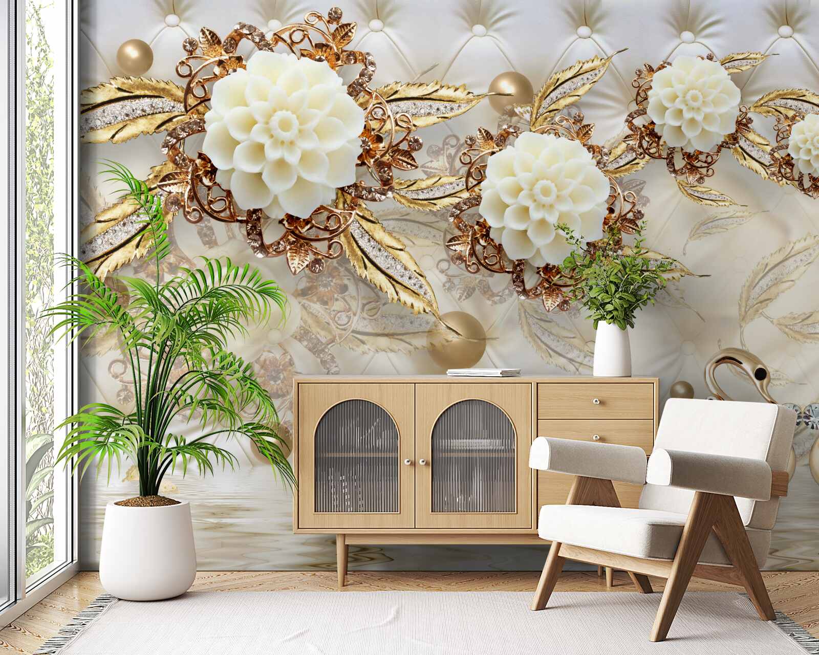 Фотошпалери золоті лебеді та світлі бутони на блискучому золоті