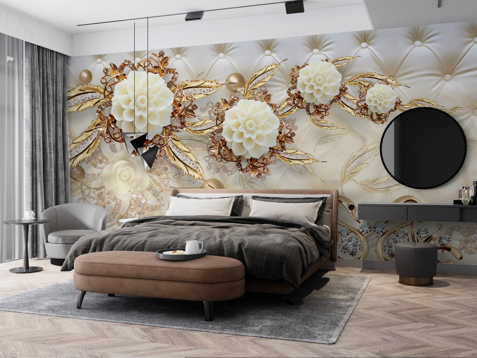 Фотошпалери золоті лебеді та світлі бутони на блискучому золоті