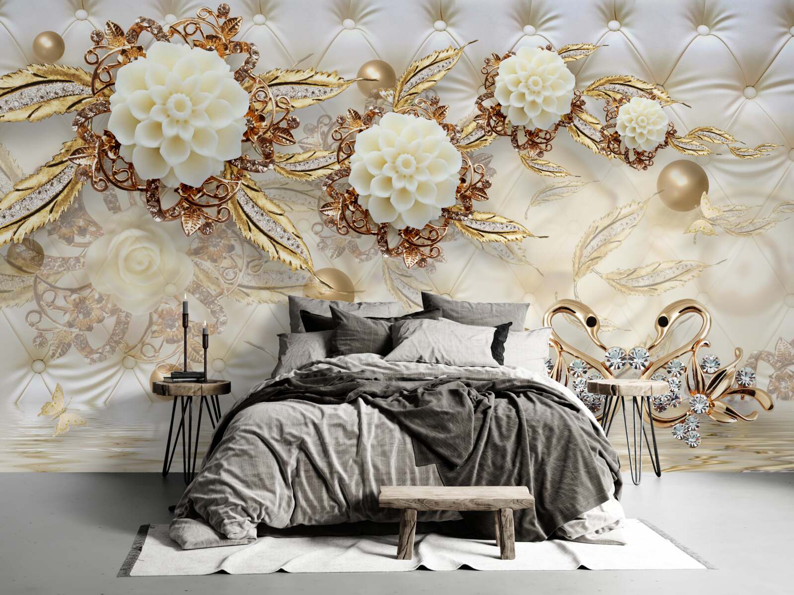 Фотошпалери золоті лебеді та світлі бутони на блискучому золоті