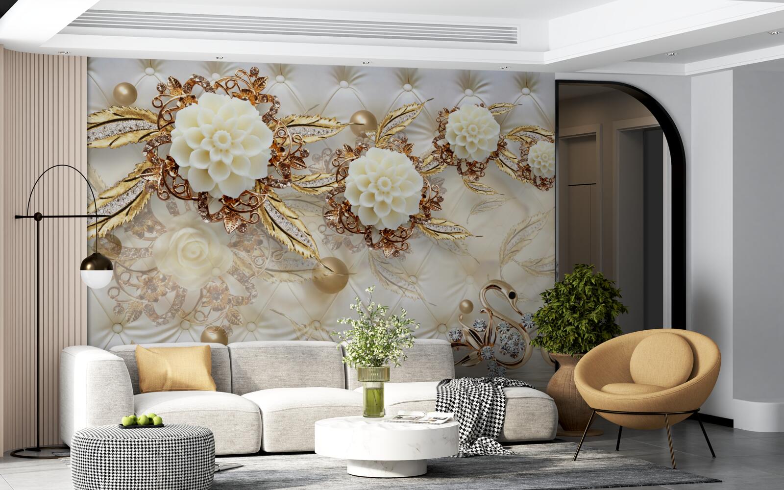 Фотошпалери золоті лебеді та світлі бутони на блискучому золоті