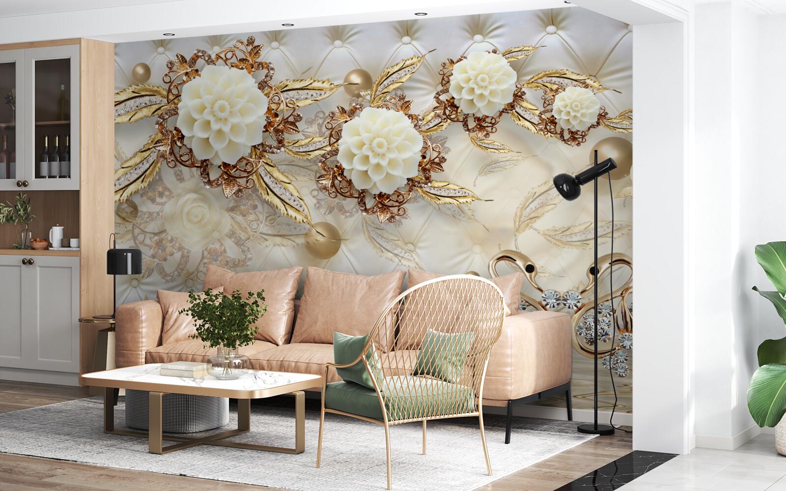 Фотошпалери золоті лебеді та світлі бутони на блискучому золоті