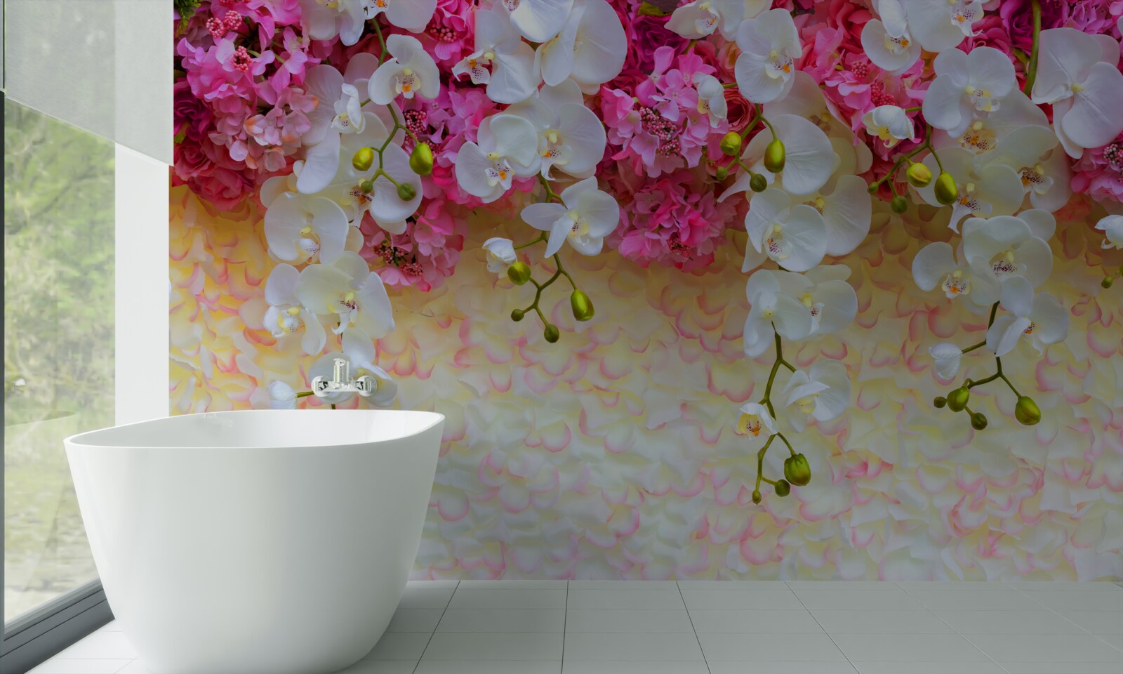 Фотошпалери Орхідеї білі з рожевими відтінками, звисають