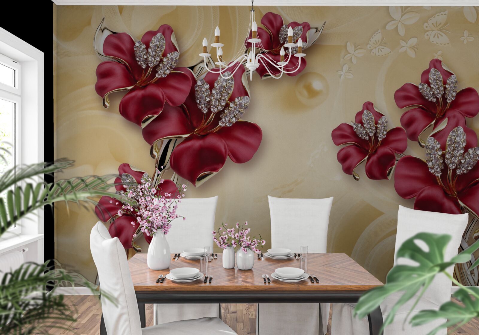 Фотошпалери червона лілія, прикрашена кристалами та золотом