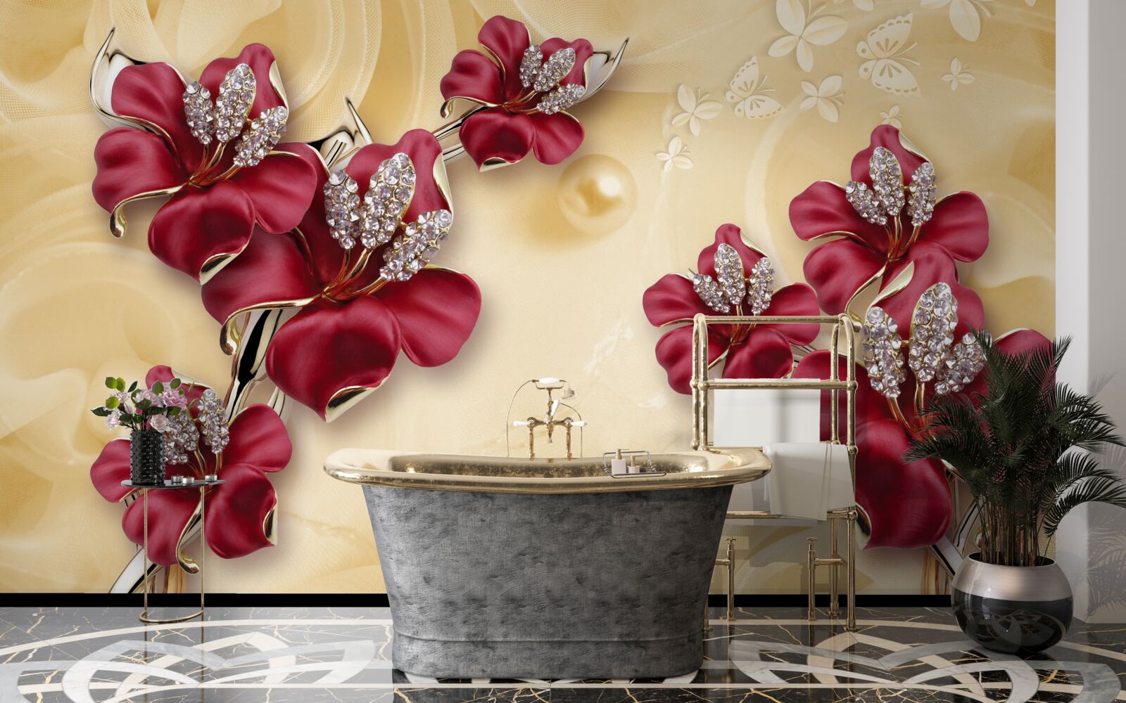 Фотошпалери червона лілія, прикрашена кристалами та золотом