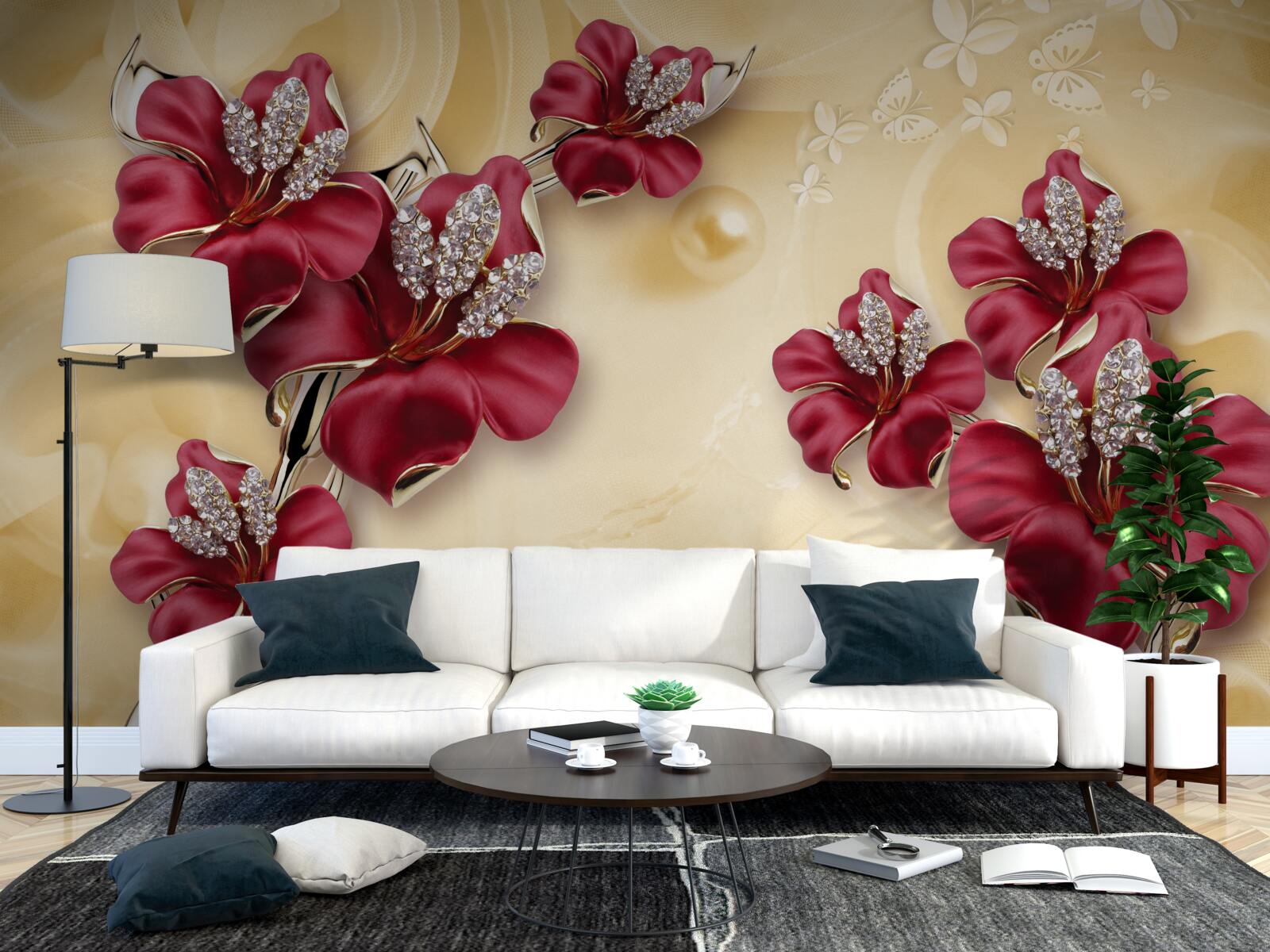 Фотошпалери червона лілія, прикрашена кристалами та золотом