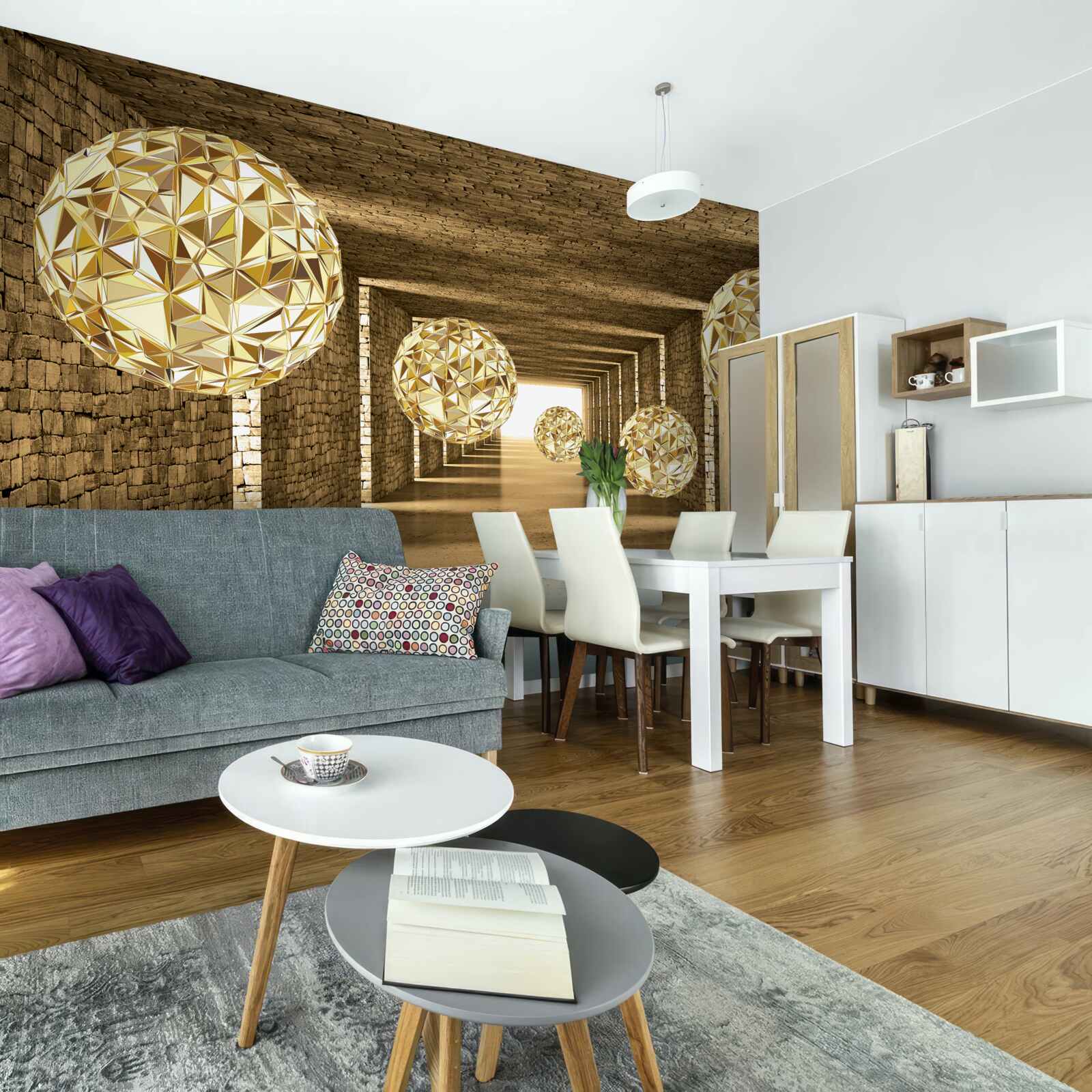 Фотошпалери абстрактне зображення куль і тунелю в золотистих відтінках