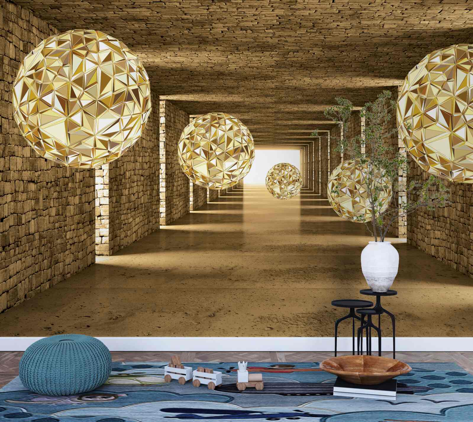 Фотошпалери абстрактне зображення куль і тунелю в золотистих відтінках