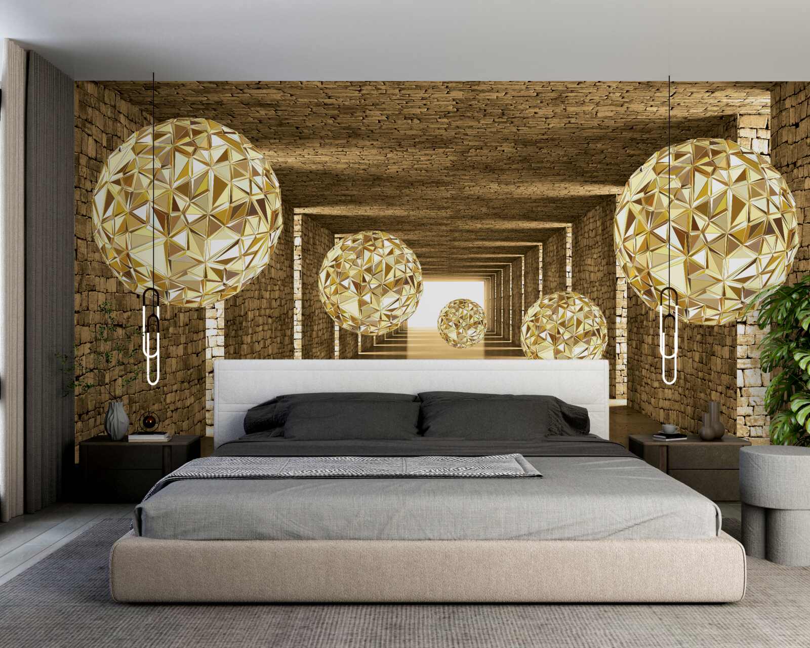 Фотошпалери абстрактне зображення куль і тунелю в золотистих відтінках