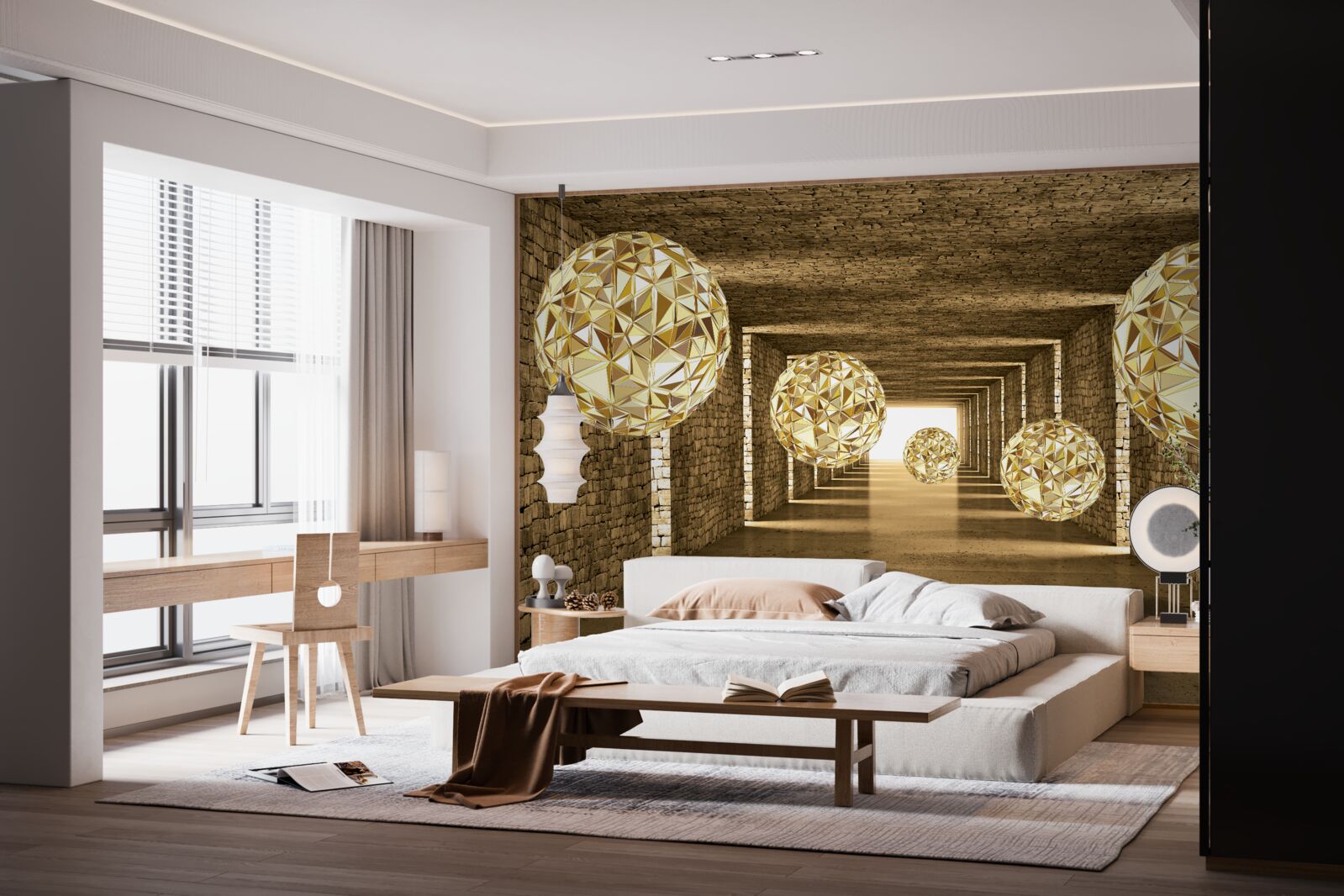 Фотошпалери абстрактне зображення куль і тунелю в золотистих відтінках