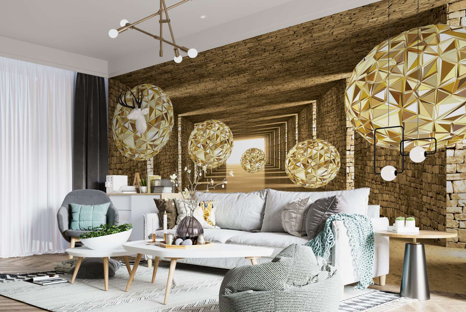 Фотошпалери абстрактне зображення куль і тунелю в золотистих відтінках