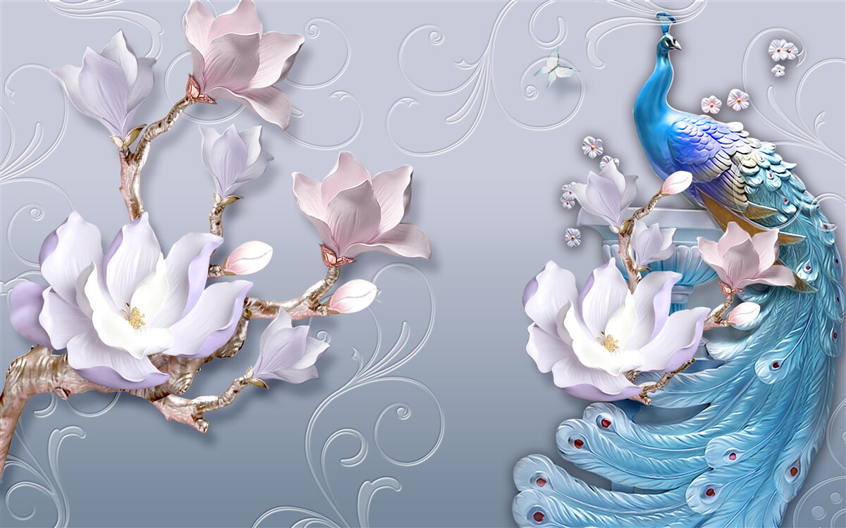 Фотошпалери розкішний павич, що сидить на квітучому дереві