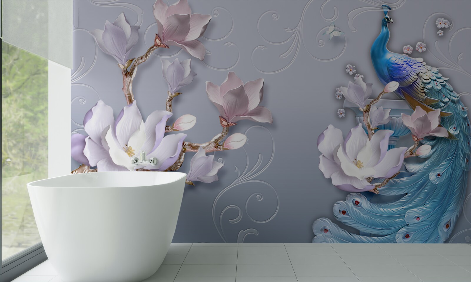 Фотошпалери розкішний павич, що сидить на квітучому дереві