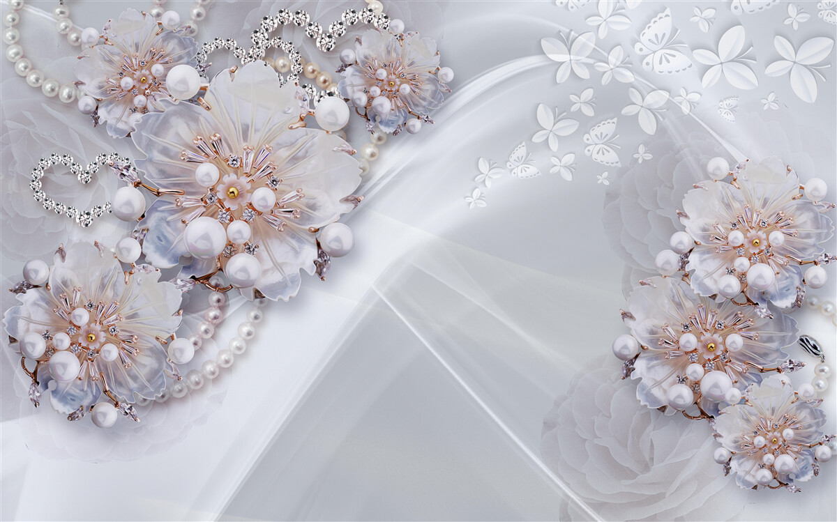 Фотошпалери на шовку - ніжні квіти, прикрашені перлинами