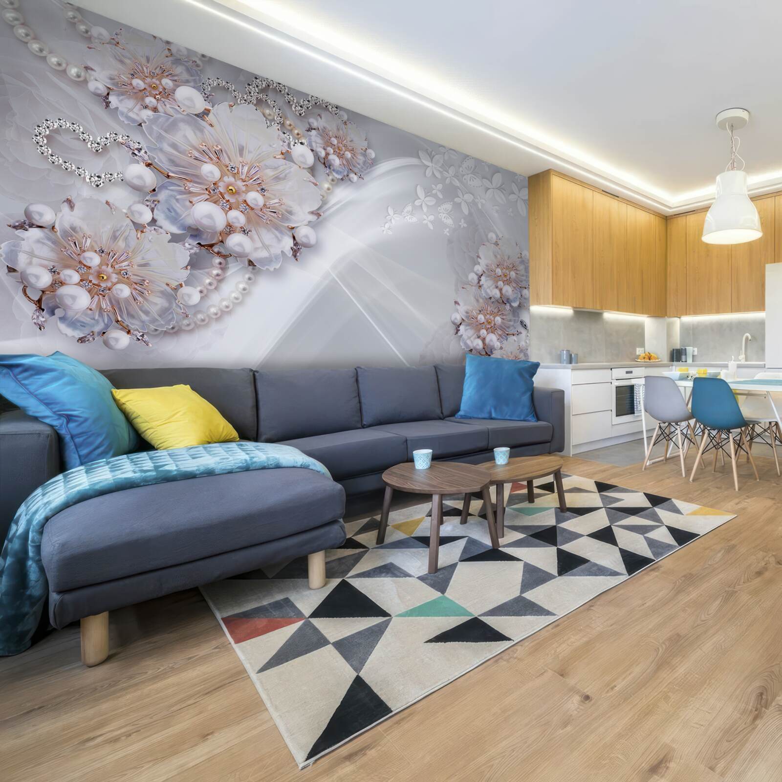 Фотошпалери на шовку - ніжні квіти, прикрашені перлинами