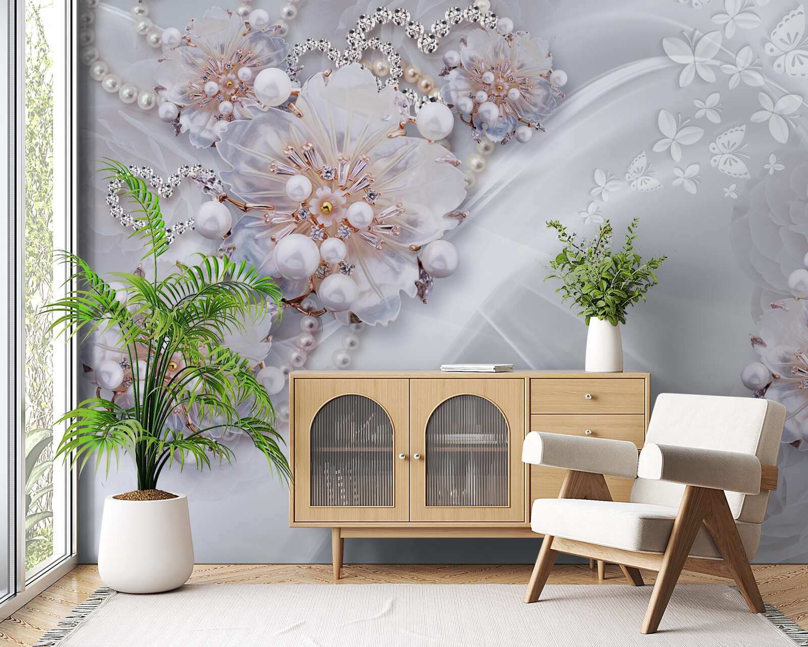 Фотошпалери на шовку - ніжні квіти, прикрашені перлинами