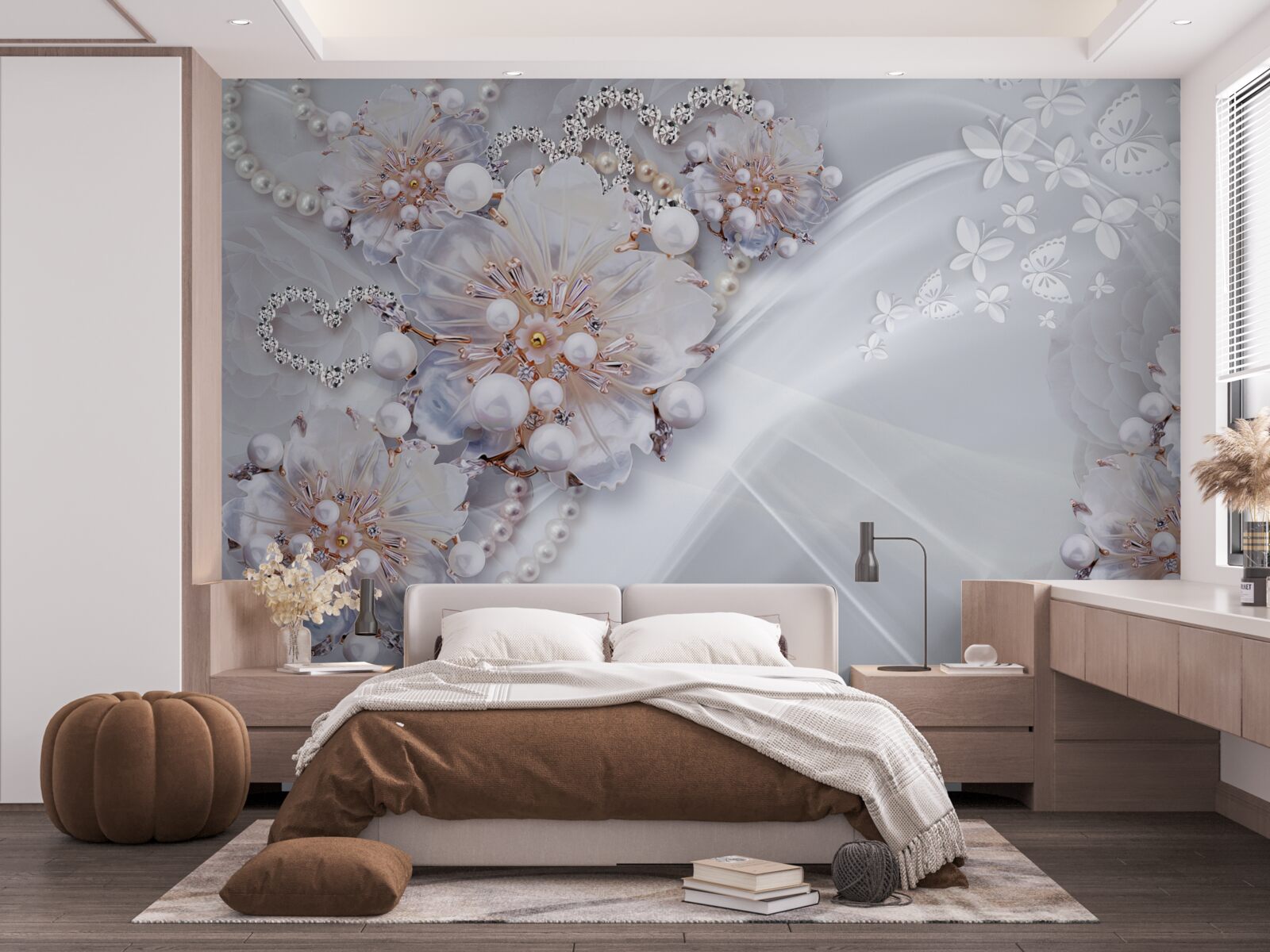 Фотошпалери на шовку - ніжні квіти, прикрашені перлинами