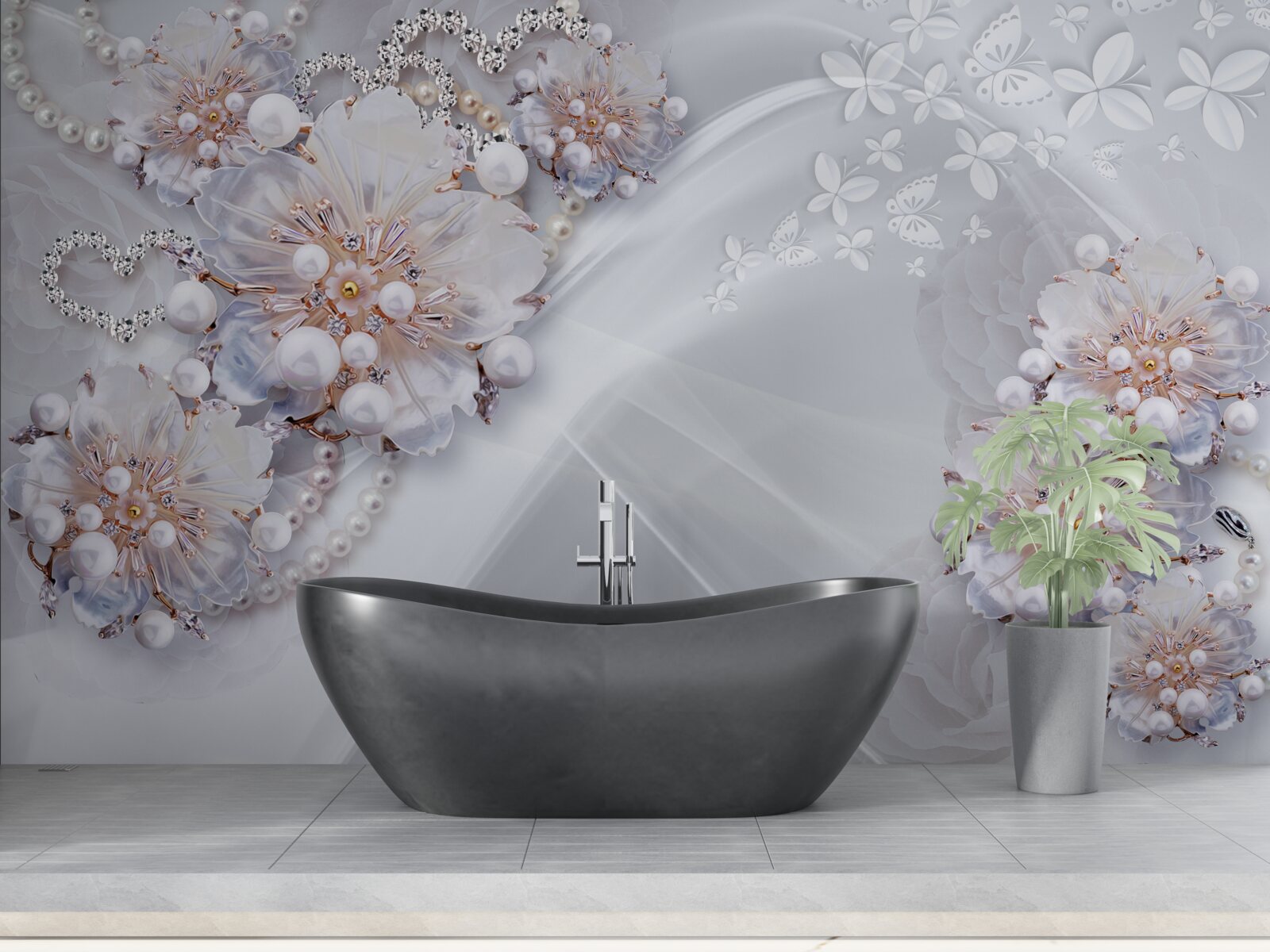 Фотошпалери на шовку - ніжні квіти, прикрашені перлинами