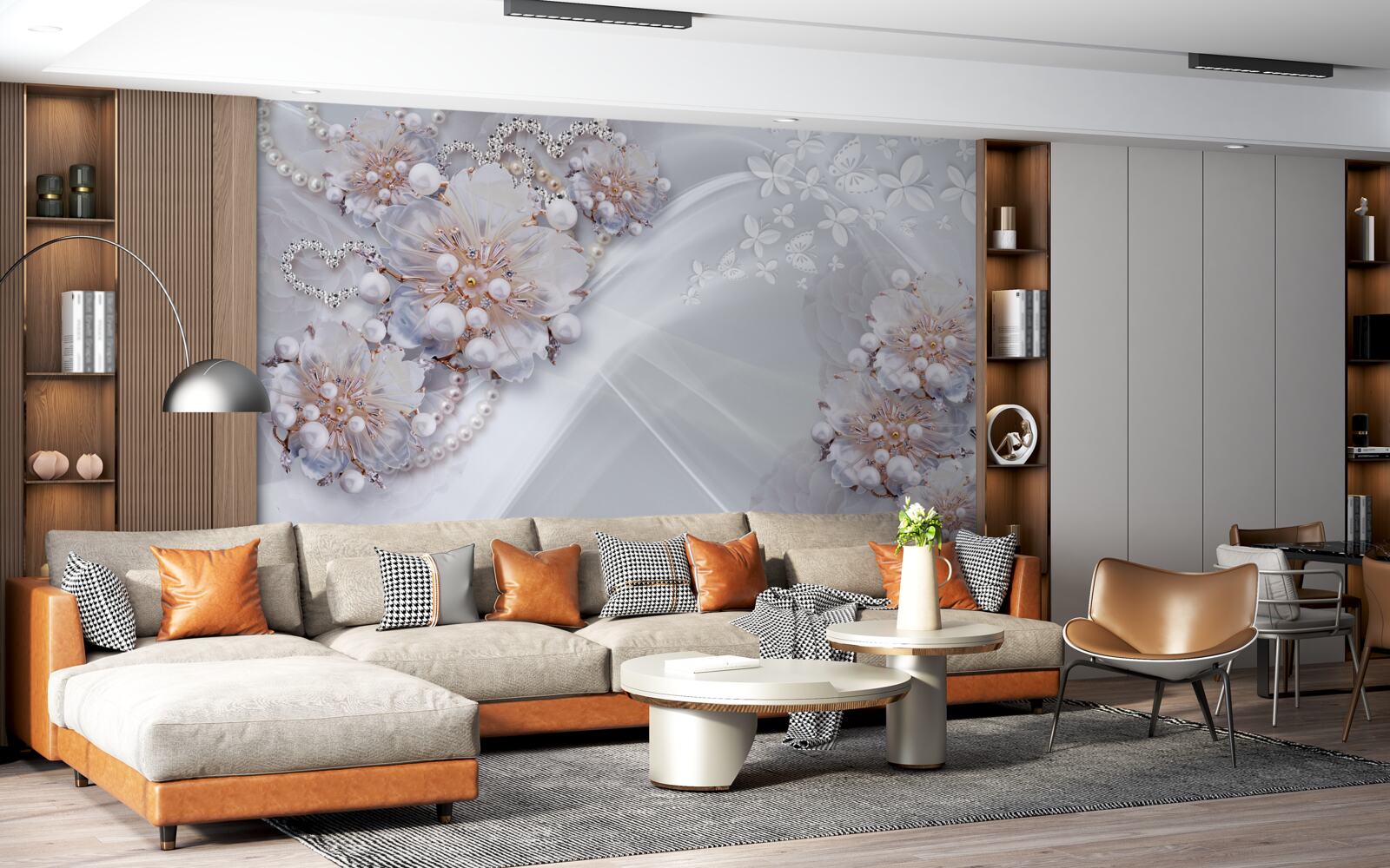 Фотошпалери на шовку - ніжні квіти, прикрашені перлинами