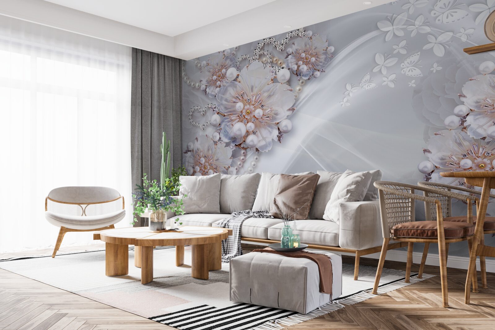 Фотошпалери на шовку - ніжні квіти, прикрашені перлинами