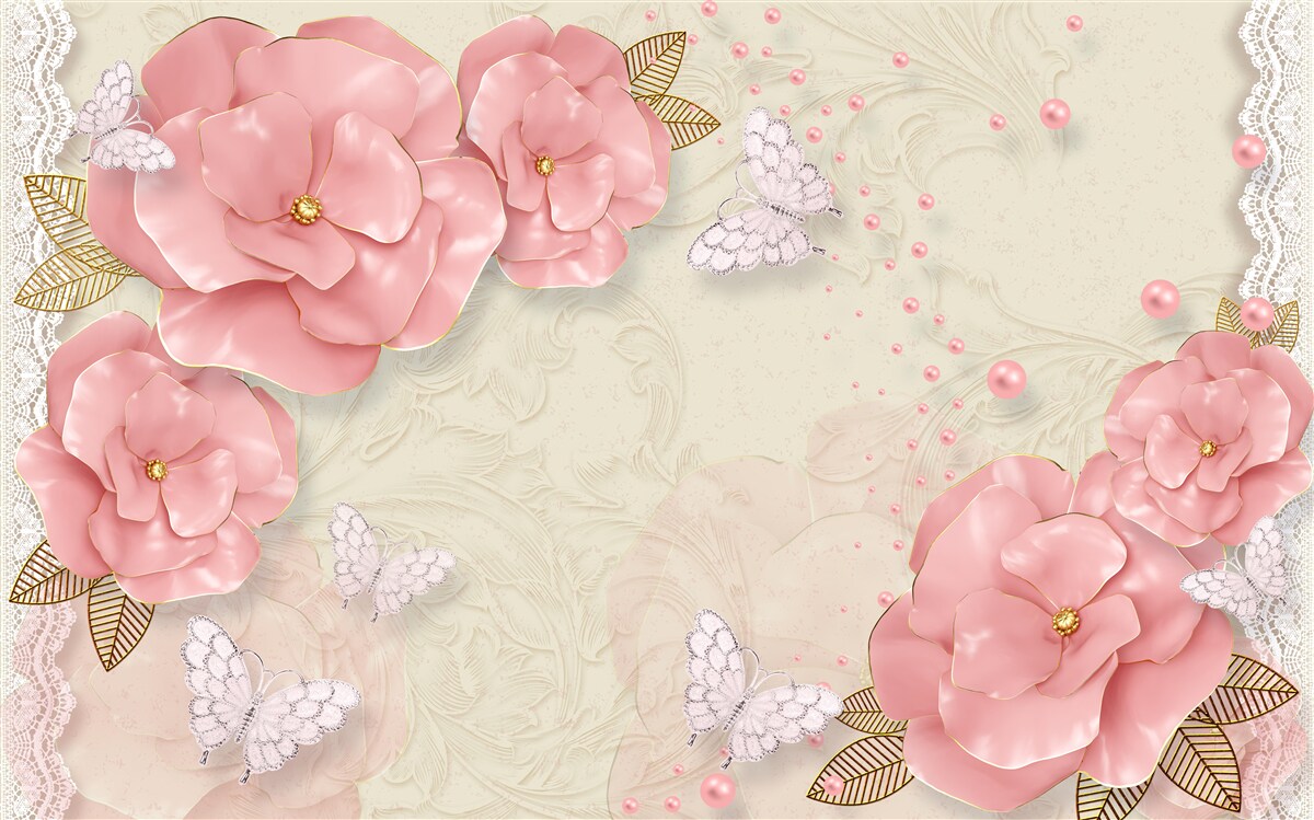 Фотошпалери вражаючі рожеві бутони та чисто білі метелики