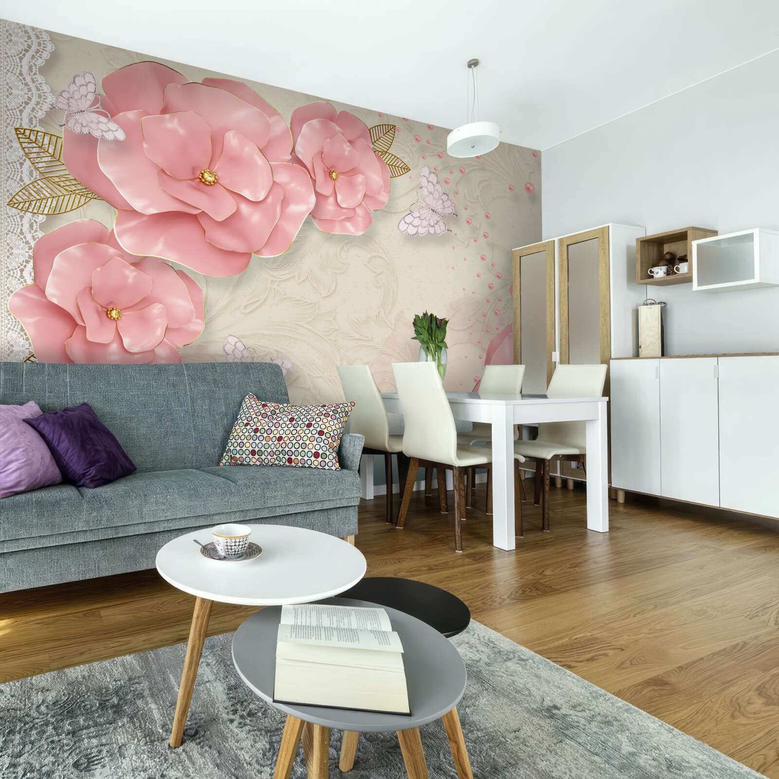 Фотошпалери вражаючі рожеві бутони та чисто білі метелики