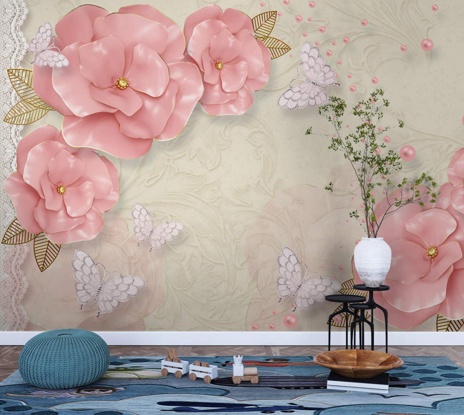 Фотошпалери вражаючі рожеві бутони та чисто білі метелики