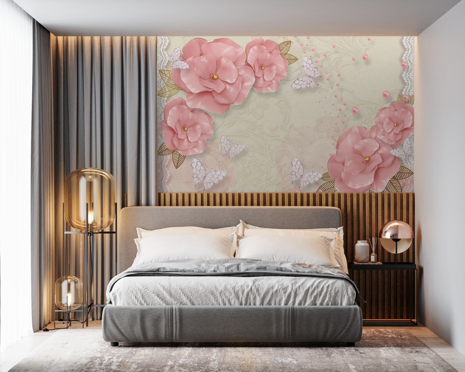 Фотошпалери вражаючі рожеві бутони та чисто білі метелики