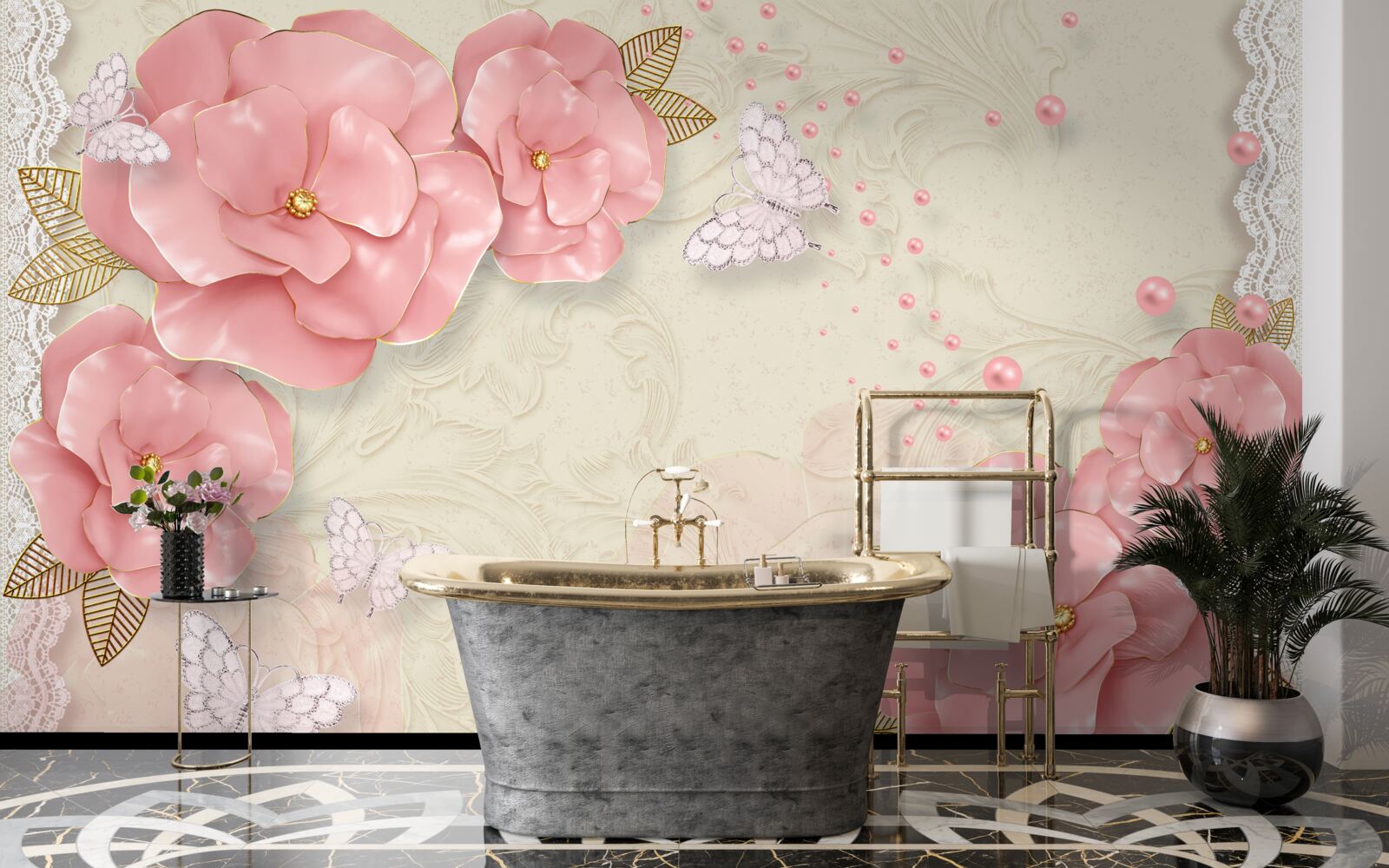 Фотошпалери вражаючі рожеві бутони та чисто білі метелики