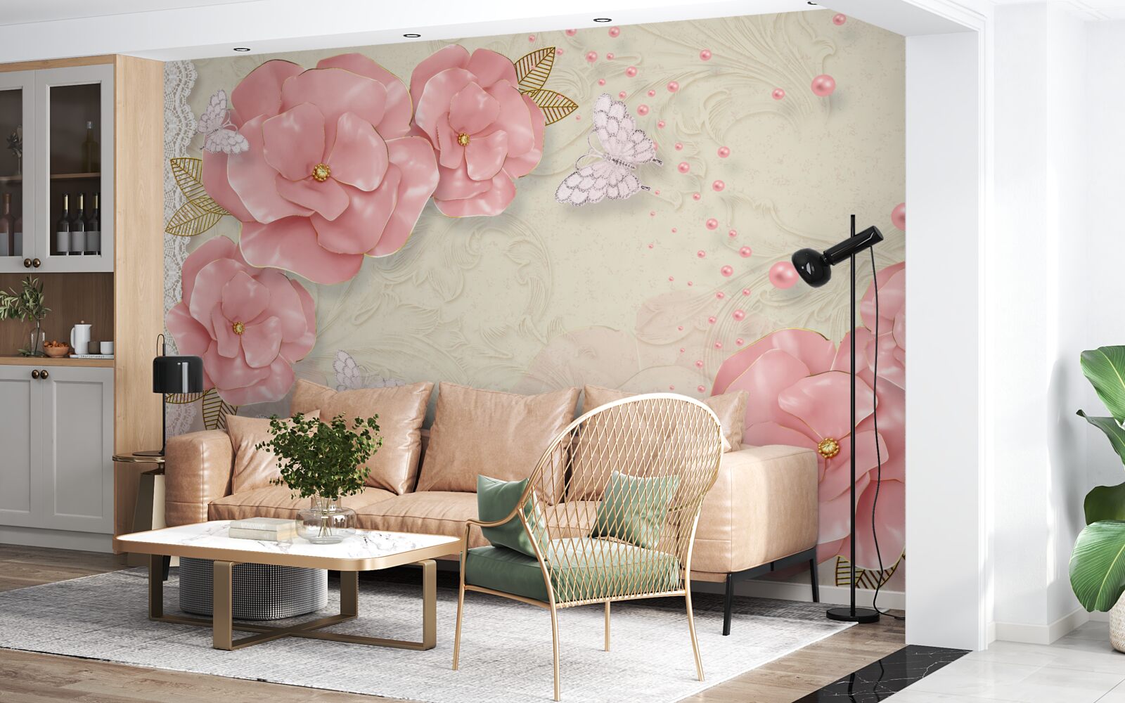 Фотошпалери вражаючі рожеві бутони та чисто білі метелики