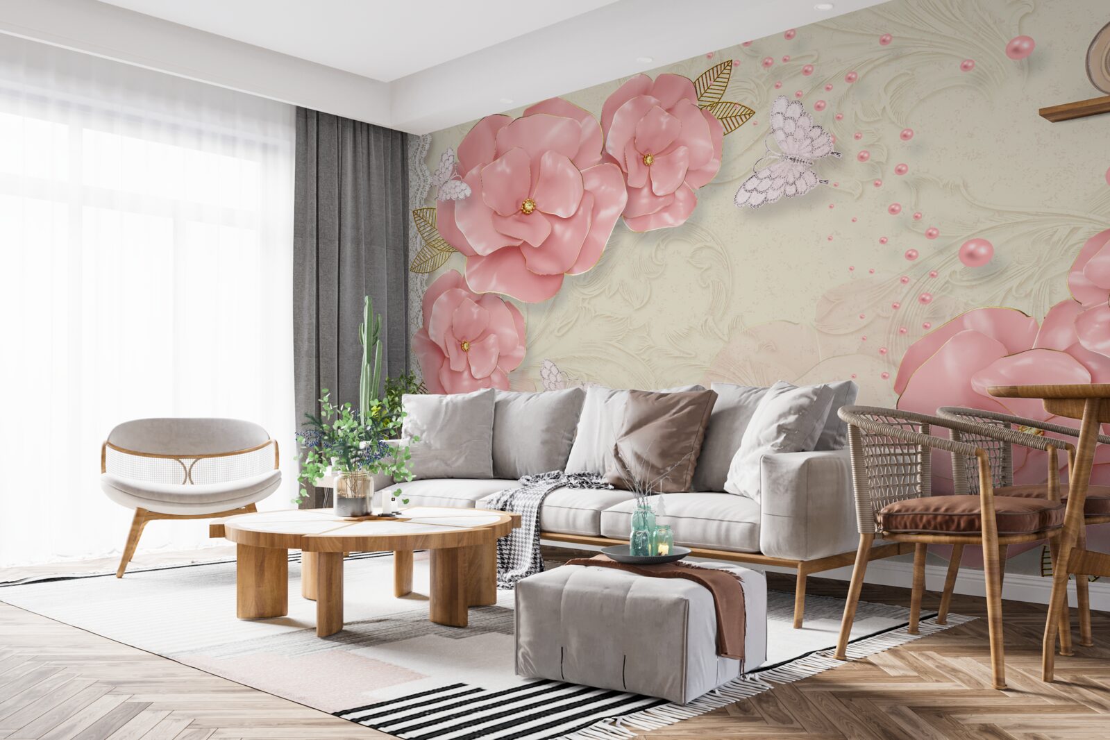 Фотошпалери вражаючі рожеві бутони та чисто білі метелики