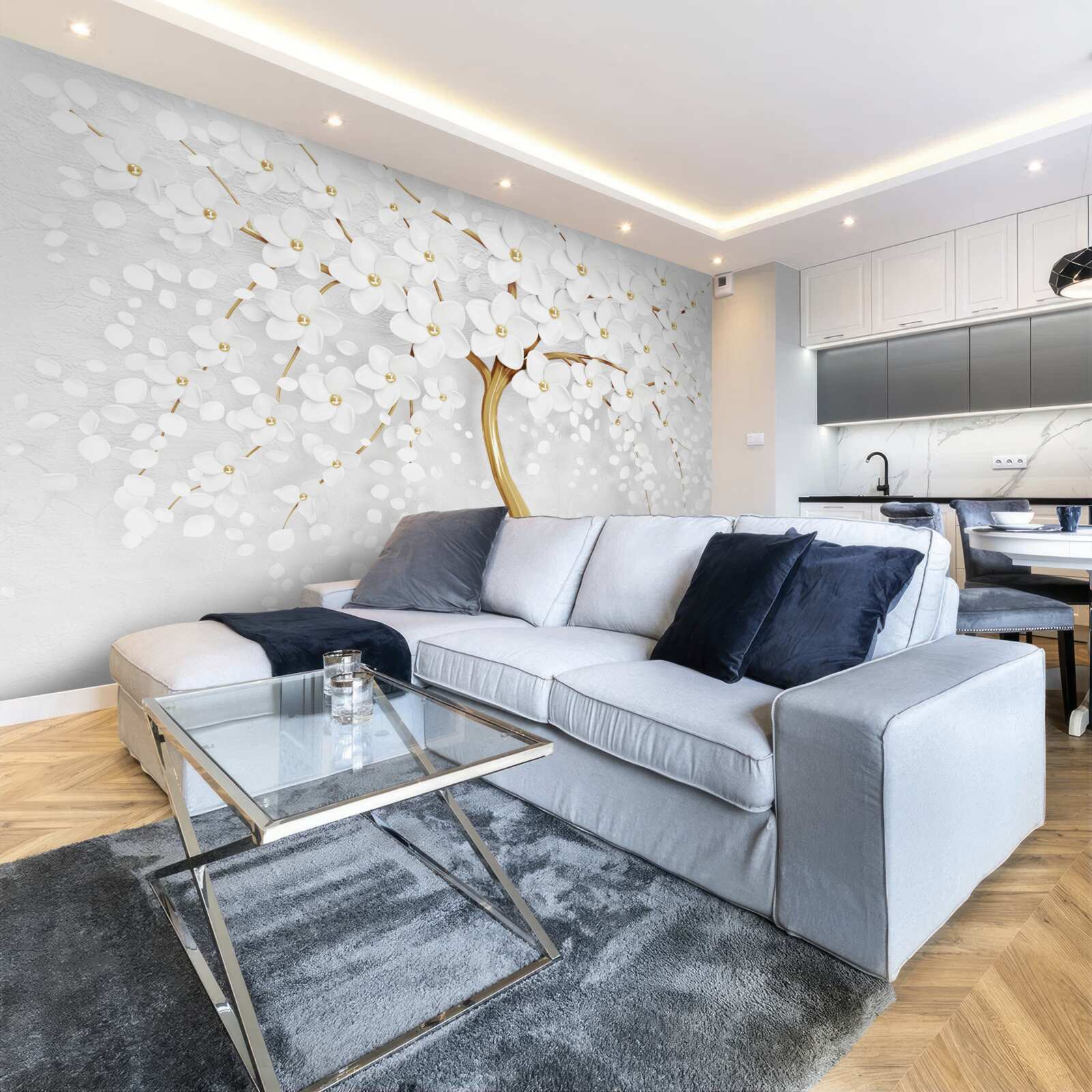 Фотошпалери на дереві вже розпустилися білі квіти