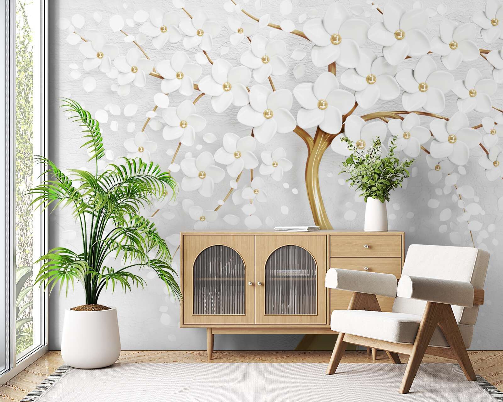 Фотошпалери на дереві вже розпустилися білі квіти