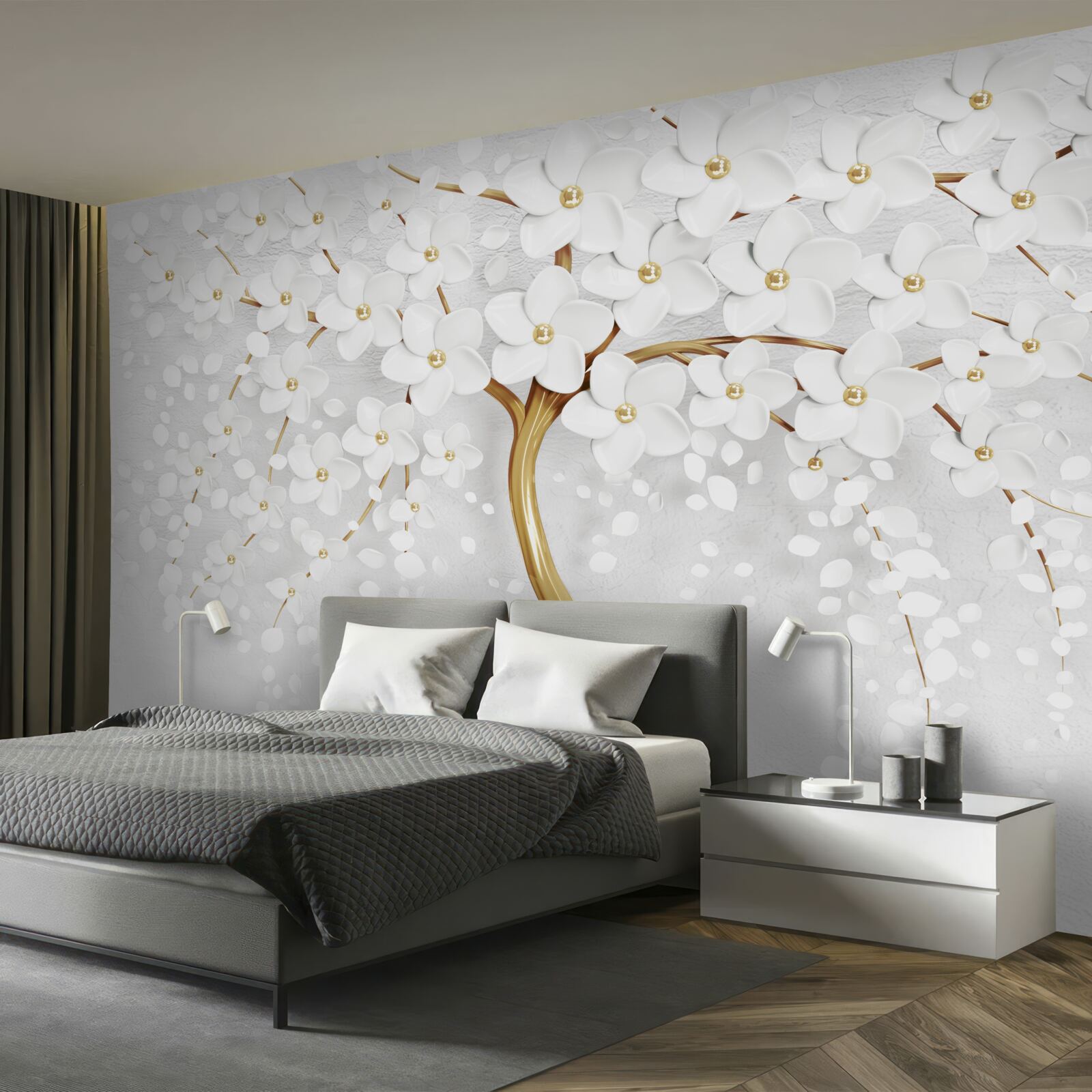 Фотошпалери на дереві вже розпустилися білі квіти