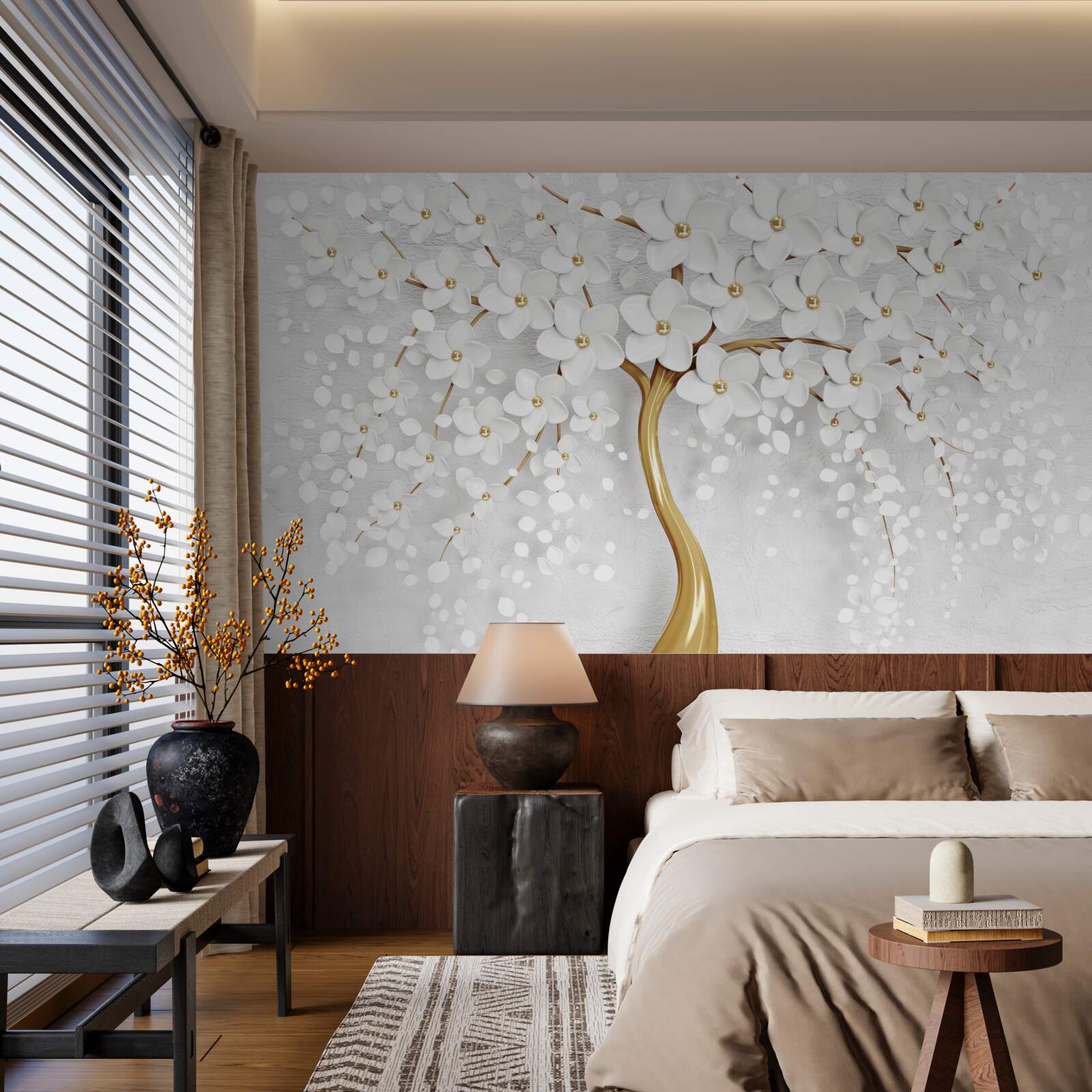 Фотошпалери біле квітуче дерево з дрібними квітами