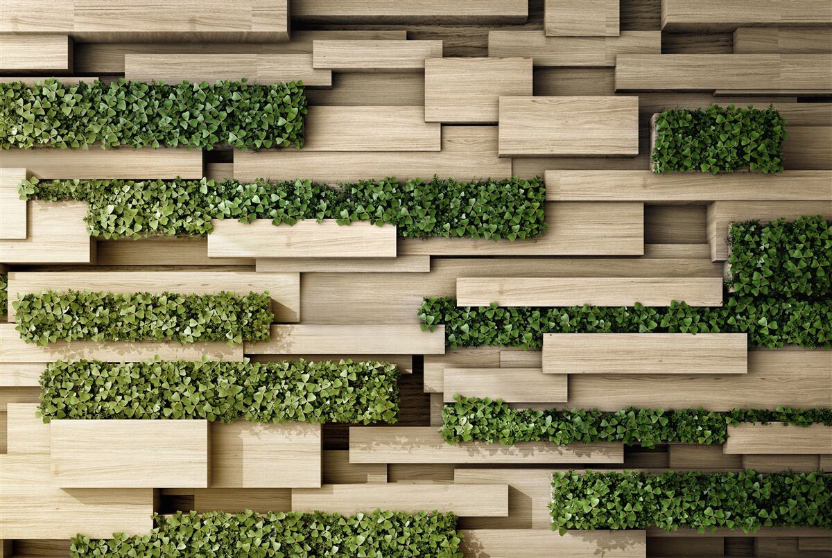 Фотошпалери кам'яна стіна, прикрашена зеленими рослинами