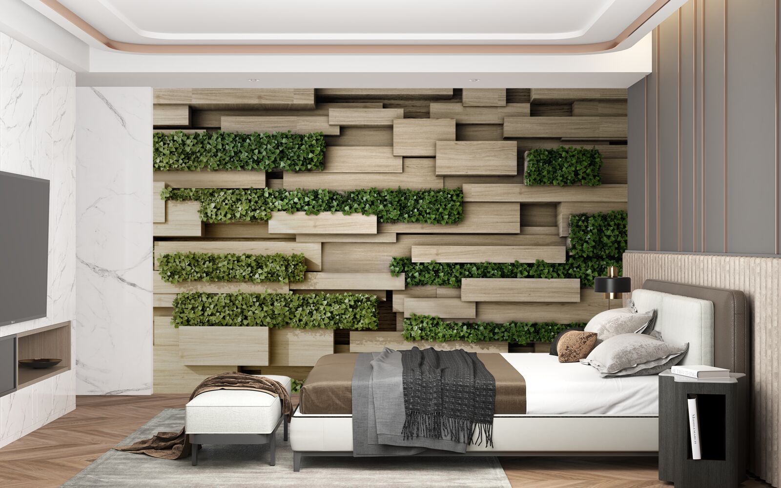 Фотошпалери кам'яна стіна, прикрашена зеленими рослинами