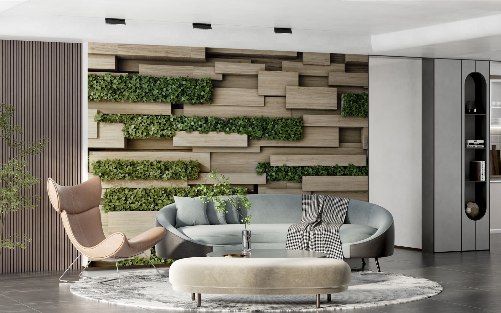 Фотошпалери кам'яна стіна, прикрашена зеленими рослинами