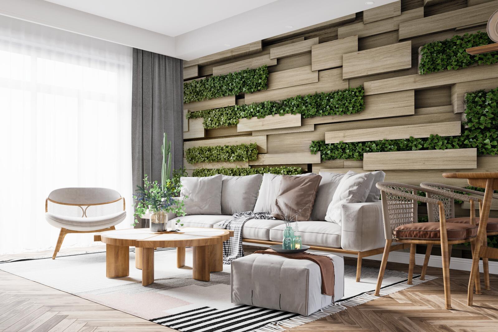 Фотошпалери кам'яна стіна, прикрашена зеленими рослинами